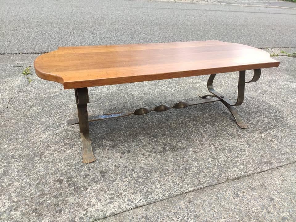 table basse en chêne avec pied en fer forgé, Ophalen, Eikenhout, Nieuw, 150 tot 200 cm