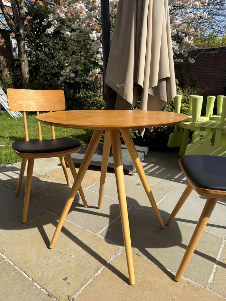 Ronde tafel eikenfineer met stoelen, Huis en Inrichting, Ophalen, Gebruikt, 50 tot 100 cm, Eikenhout