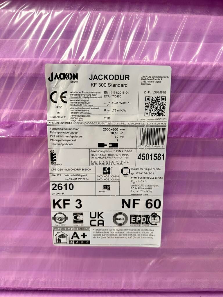XPS isolatieplaten JACKODUR KF 300 – 60 mm (105 m² totaal), Enlèvement, Comme neuf, Isolation de sol