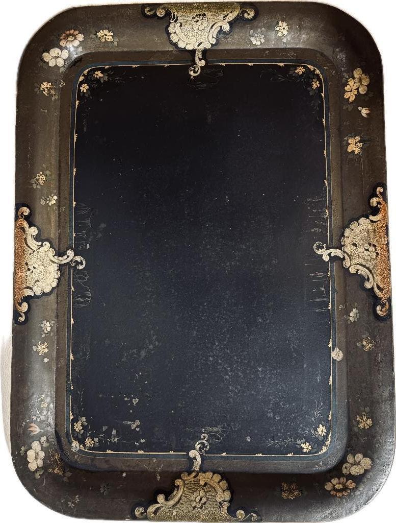 Groot oud Napoleon III-dienblad in zwart gelakt plaatstaal, Antiek en Kunst, Ophalen