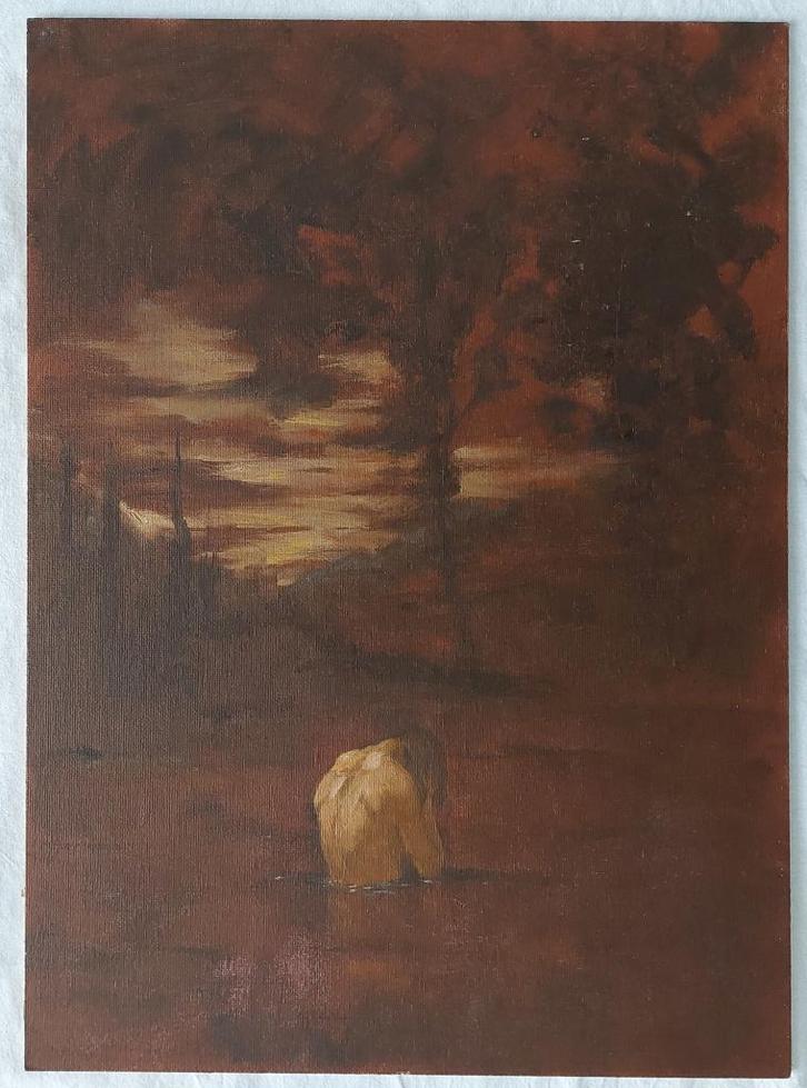 Schilderijtje/ Studie van Badende Man - Olieverf, Antiek en Kunst, Kunst | Schilderijen | Klassiek, Ophalen of Verzenden