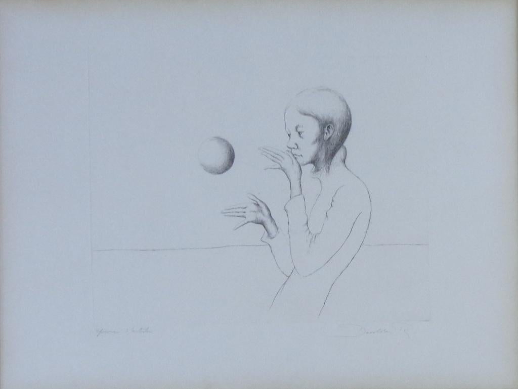 ROLAND DEVOLDER / ZWEVENDE BAL / ZW-W ETS / 53x69cm / KADER, Antiek en Kunst, Kunst | Litho's en Zeefdrukken, Ophalen of Verzenden