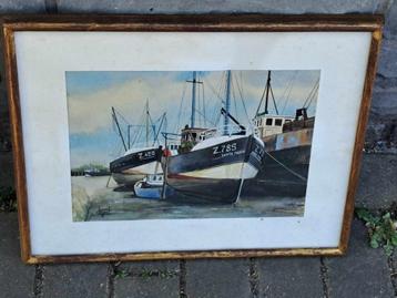 aquarelle chalutiers a zeebrugge signe claude legout beschikbaar voor biedingen