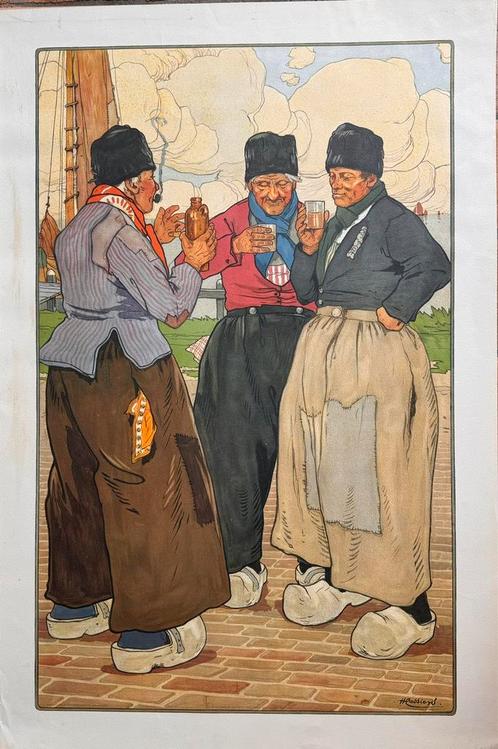 drie jenever drinkende Volendammers, Antiek en Kunst, Kunst | Litho's en Zeefdrukken, Ophalen