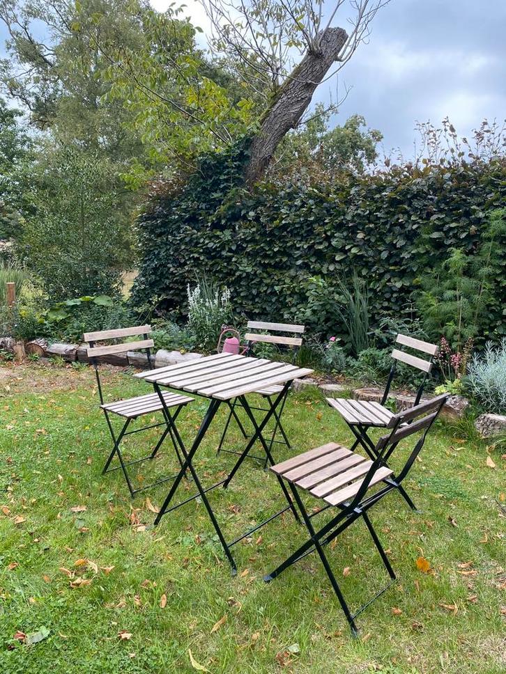 Bistroset tuinset tafel met 4 stoelen, Tuin en Terras, Tuinsets en Loungesets, Zo goed als nieuw, Tuinset, Hout, 4 zitplaatsen