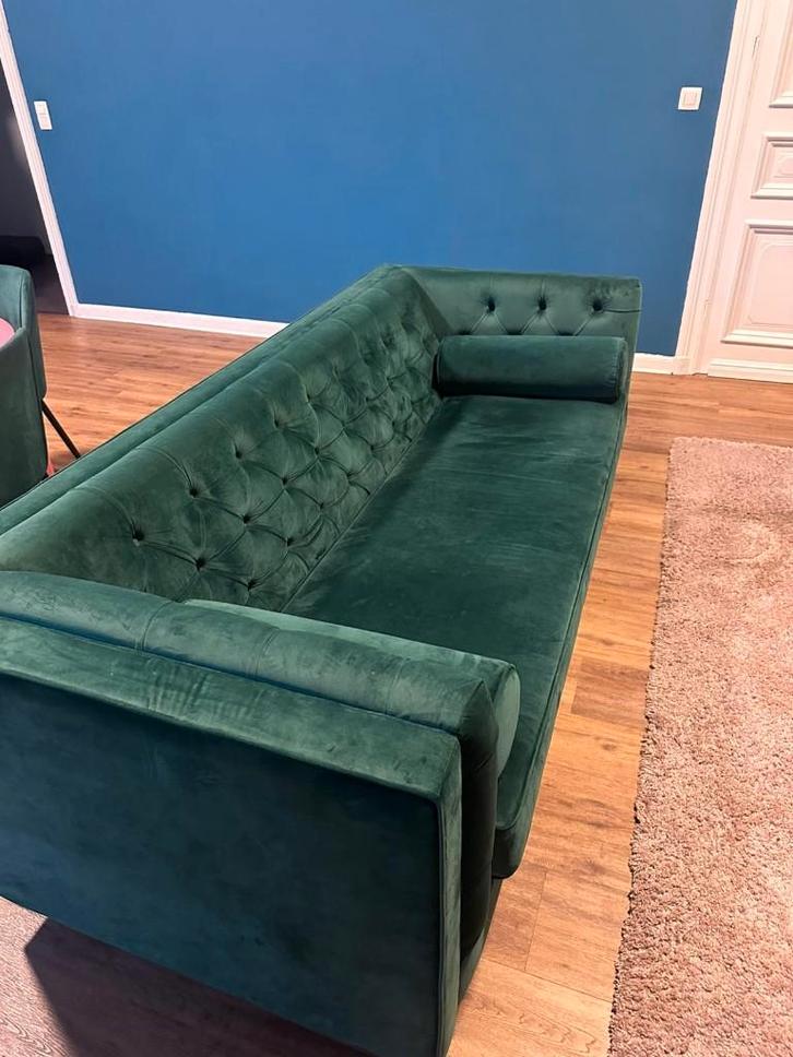 canapé + 4 chaises velours vert, Maison & Meubles, Canapés | Salons, Comme neuf, Trois personnes, 200 à 250 cm, 75 à 100 cm, Enlèvement