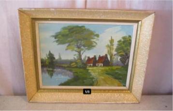 Belle œuvre peinte ancienne 'Ferme et rivière' - signée, Antiquités & Art, Enlèvement ou Envoi