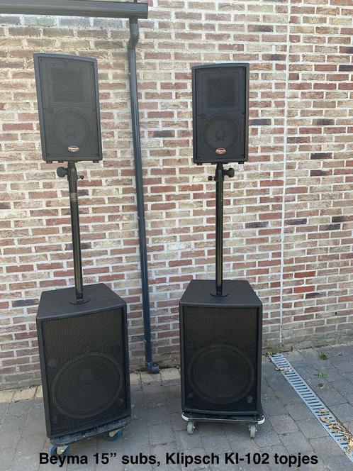BEYMA 15” SUBS met KLIPSCH KI-102 Topjes; klein maar fijn!, Audio, Tv en Foto, Luidsprekerboxen, Zo goed als nieuw, Front, Rear of Stereo speakers