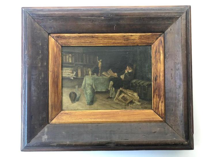 Schilderij L. Herbo, bibliotheekscène, Antiek en Kunst, Kunst | Schilderijen | Klassiek, Verzenden