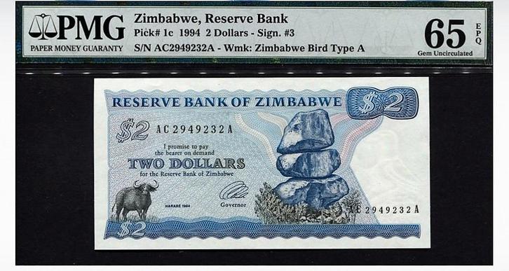 2 dollars zimbabwéens 1994 - Choix n 1c - PMG 65 EPQ, Timbres & Monnaies, Billets de banque | Afrique, Zimbabwe, Enlèvement ou Envoi