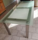 Tafel met inox onderstel en glazen blad, Huis en Inrichting, Tafels | Eettafels, Ophalen, Gebruikt, 100 tot 150 cm, 200 cm of meer