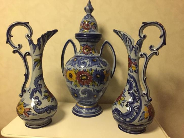Set van 3 grote handgeschilderde Portugese vazen (majolica), Huis en Inrichting, Woonaccessoires | Vazen, Zo goed als nieuw, Blauw