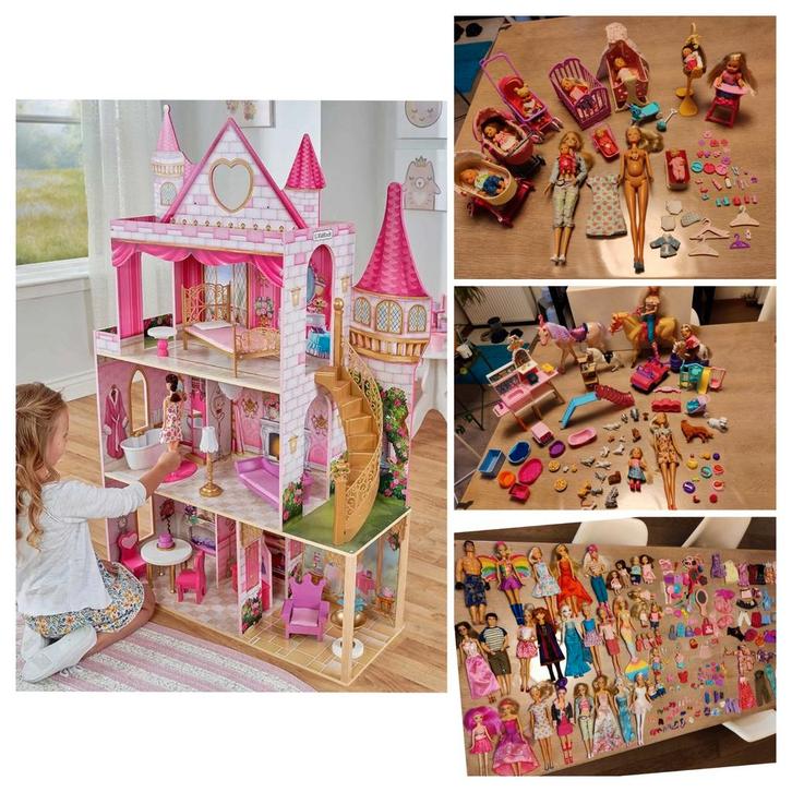 Groot houten barbiehuis met heel veel barbies en accessoires, Kinderen en Baby's, Speelgoed | Poppenhuizen, Zo goed als nieuw