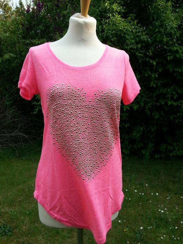 fel roos fluo t-shirt hart+strass goud rug+rits Nieuw TU, Kleding | Dames, T-shirts, Nieuw, Roze, Korte mouw, Ophalen of Verzenden