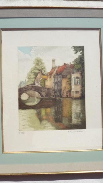oude gravure kleurenets Brugge 'Bruges, Les Reflets' gesign. beschikbaar voor biedingen