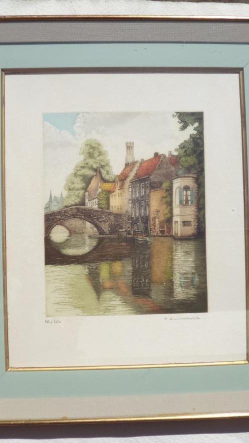 oude gravure kleurenets Brugge 'Bruges, Les Reflets' gesign., Antiek en Kunst, Kunst | Etsen en Gravures, Ophalen of Verzenden