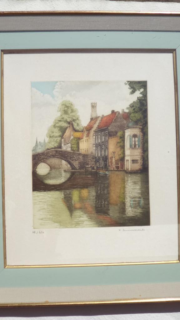 oude gravure kleurenets Brugge 'Bruges, Les Reflets' gesign., Antiek en Kunst, Kunst | Etsen en Gravures, Ophalen of Verzenden