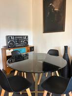 Ronde rookglazen tafel messing poten 5 stoelen, Huis en Inrichting, Ophalen, Zo goed als nieuw