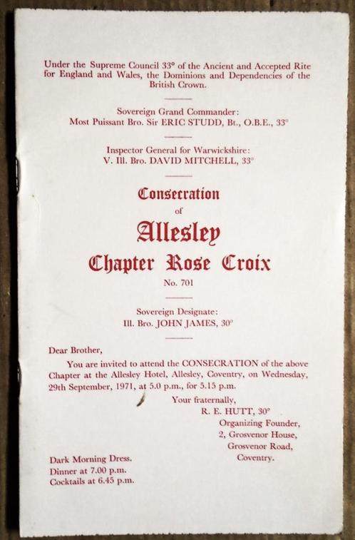 Consecration of Allesley Chapter Rose Croix No. 701 - 1971, Livres, Ésotérisme & Spiritualité, Utilisé, Arrière-plan et information