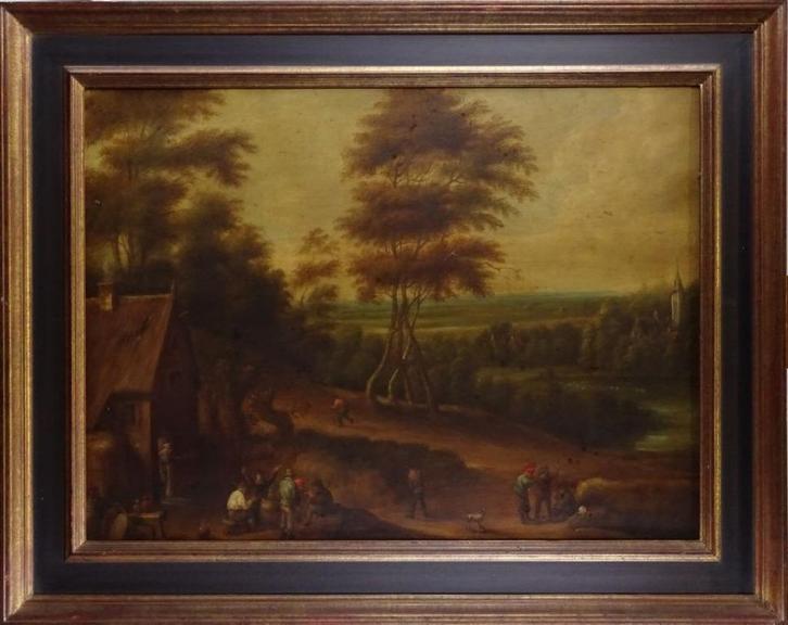 Antiek schilderij op doek - Dorpsleven in het landschap, Antiek en Kunst, Kunst | Schilderijen | Klassiek, Ophalen of Verzenden