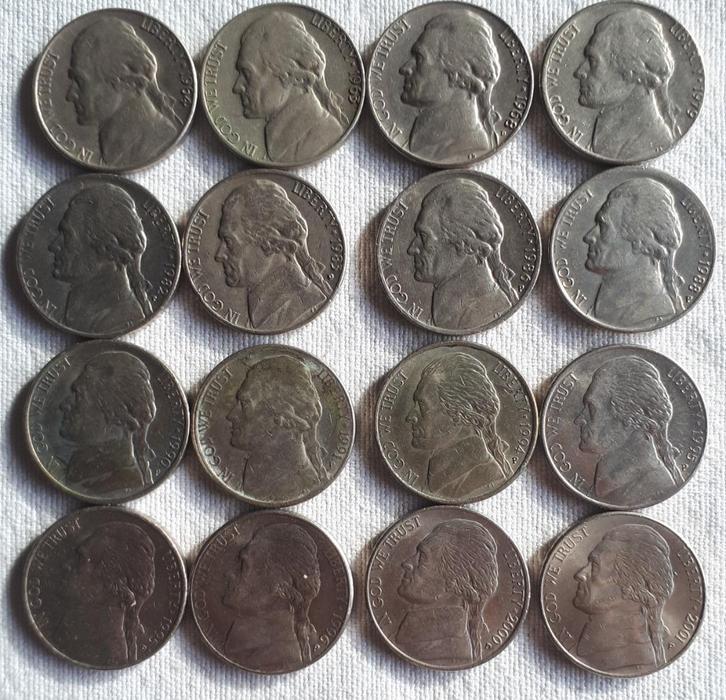 16 x U.S.A. : Serie 16 JEFFERSON NIKKELS 5 cent 1963/2001, Postzegels en Munten, Munten | Amerika, Setje, Noord-Amerika, Verzenden