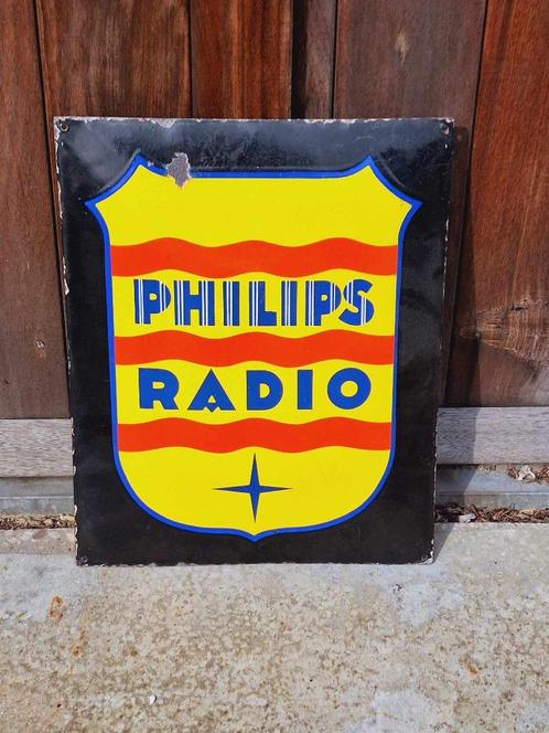Stok oud en origineel emaille reclame bord Philips Radio., Collections, Marques & Objets publicitaires, Utilisé, Panneau publicitaire
