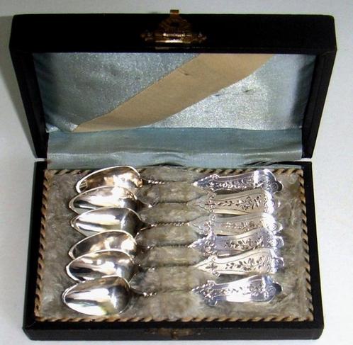 Leuke antiek set zes zilveren mokkalepeltjes in etui ca 1900, Antiek en Kunst, Antiek | Zilver en Goud, Zilver, Ophalen of Verzenden