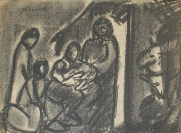 Walter Teuninck (1941): Kerststal (56 x 46 cm), Antiek en Kunst, Kunst | Schilderijen | Klassiek, Ophalen of Verzenden