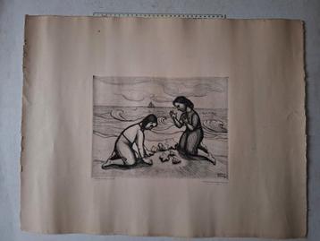 Ets Léon Devos Marine met twee personen op het strand 1950 beschikbaar voor biedingen