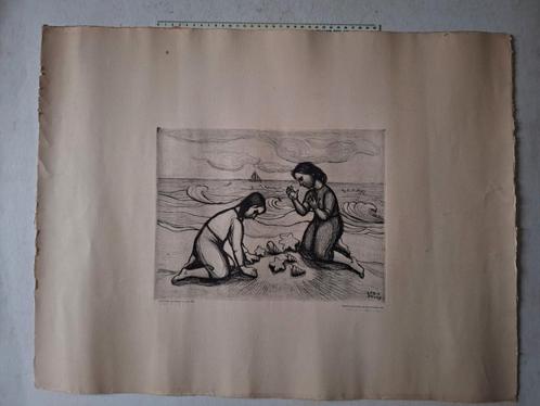 Ets Léon Devos Marine met twee personen op het strand 1950, Antiek en Kunst, Kunst | Etsen en Gravures, Ophalen of Verzenden