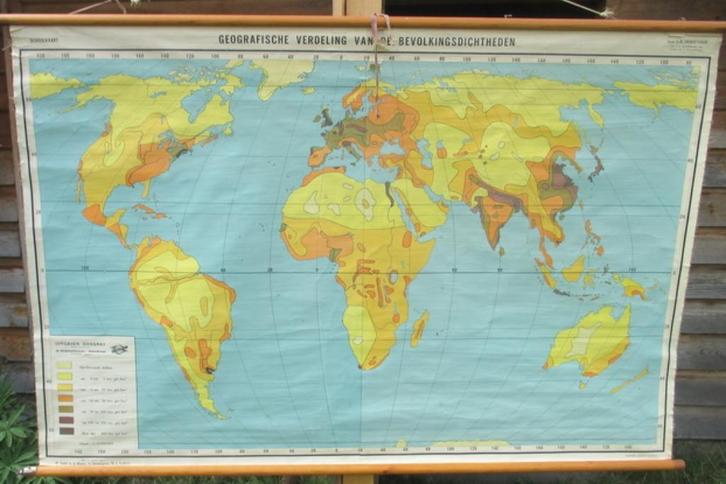 oude schoolplaat Dossray bevolkingsdichheid wereld   3, Antiek en Kunst, Antiek | Schoolplaten, Ophalen