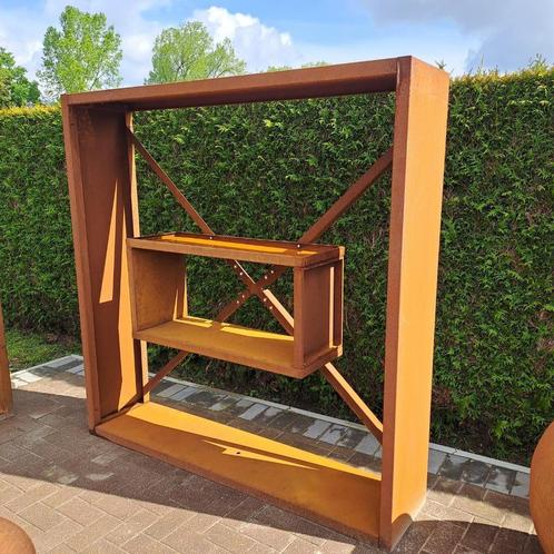 Vierkante houtopslag in cortenstaal met doorkijk, Tuin en Terras, Tuinwanddecoratie, Nieuw, Ophalen of Verzenden