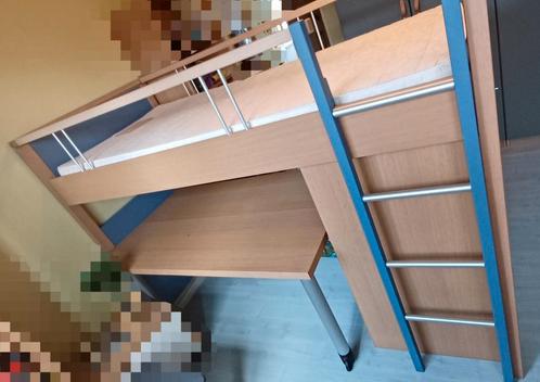 Hoogslaper, beuk/blauw, full-size, 1 persoons, Huis en Inrichting, Slaapkamer | Stapelbedden en Hoogslapers, Zo goed als nieuw