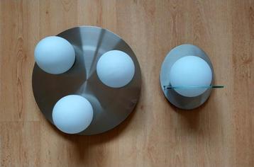 LED plafondlamp en wandlamp van geborsteld RVS met wit melkg, Huis en Inrichting, Ophalen, Gebruikt, Glas