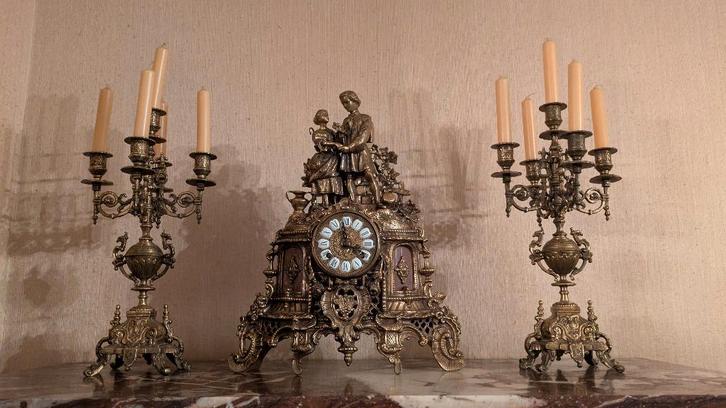 Franz Hermle bronzen klok met 2 kandelaars - 1976, 130-070, Antiek en Kunst, Curiosa en Brocante, Ophalen