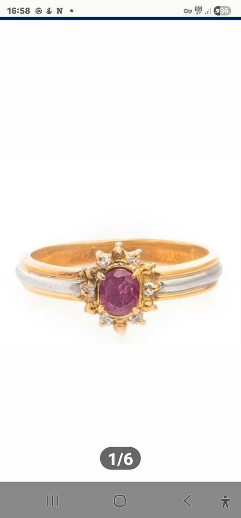 18kt geel goud en wit goud platina ring met robijn & diamant, Handtassen en Accessoires, Ringen, Zo goed als nieuw, Dame, Goud