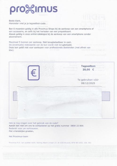 3 x 20 euro cadeaubonnen Proximus shop, Tickets en Kaartjes, Kortingen en Cadeaubonnen, Eén persoon, Warenhuis- of Winkelbon, Cadeaubon