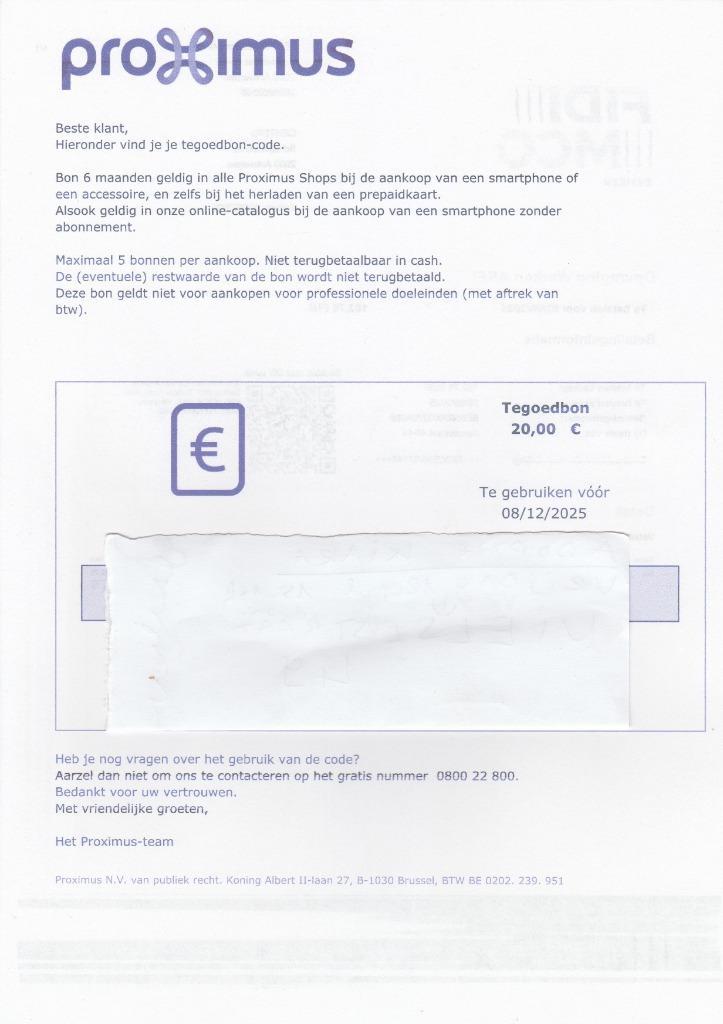 3 x 20 euro cadeaubonnen Proximus shop, Tickets en Kaartjes, Kortingen en Cadeaubonnen, Eén persoon, Warenhuis- of Winkelbon, Cadeaubon