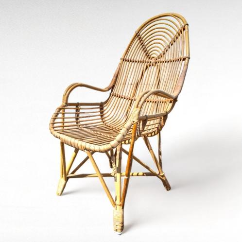 Vintage design rotan fauteuil , Rohé Noordwolde, 1960s, Huis en Inrichting, Stoelen, Gebruikt, Eén, Riet of Rotan, Bruin, Ophalen