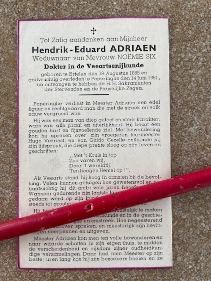 BP VEEARTS-AMATEUR ARCHEOLOOG DHR HENDRIK EDUARD ADRIAEN, Verzamelen, Bidprentjes en Rouwkaarten, Bidprentje, Ophalen of Verzenden