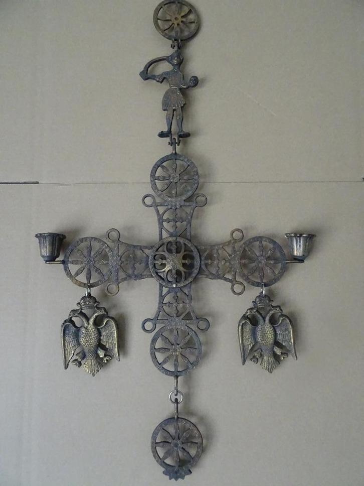 Antieke Byzantijnse kruis kandelaar kruiskandelaar 72cm 1850, Antiek en Kunst, Antiek | Religieuze voorwerpen, Ophalen of Verzenden