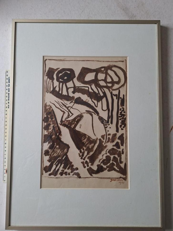 Originele tekening van Jean Nies uit 1971 Bruine compositie, Antiek en Kunst, Kunst | Tekeningen en Fotografie, Ophalen