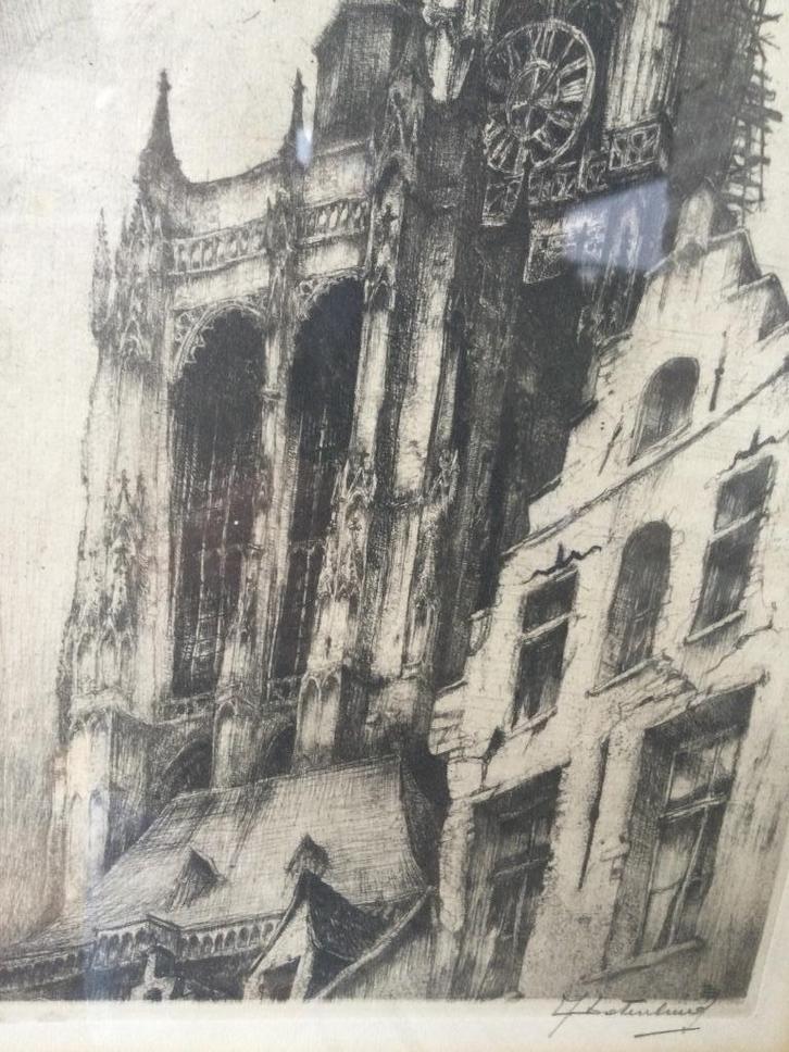 Jean Batenburg(Anderlecht 1906-1990)Ets Kathedraal Antwerpen, Antiek en Kunst, Kunst | Etsen en Gravures, Ophalen of Verzenden