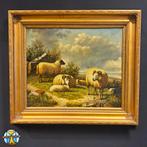 Klassiek olieverf schilderij schapen in de wei gouden lijst, Antiek en Kunst, Ophalen of Verzenden