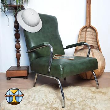 Vintage groene skai fauteuil / 60s Mid Century zetel buizen