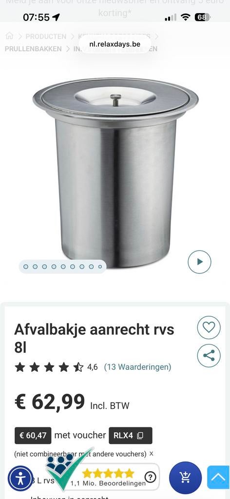 Afvalemmer prullenbak inbouw rvs, Neuf, Inox, Moins de 10 litres, Moins de 50 cm