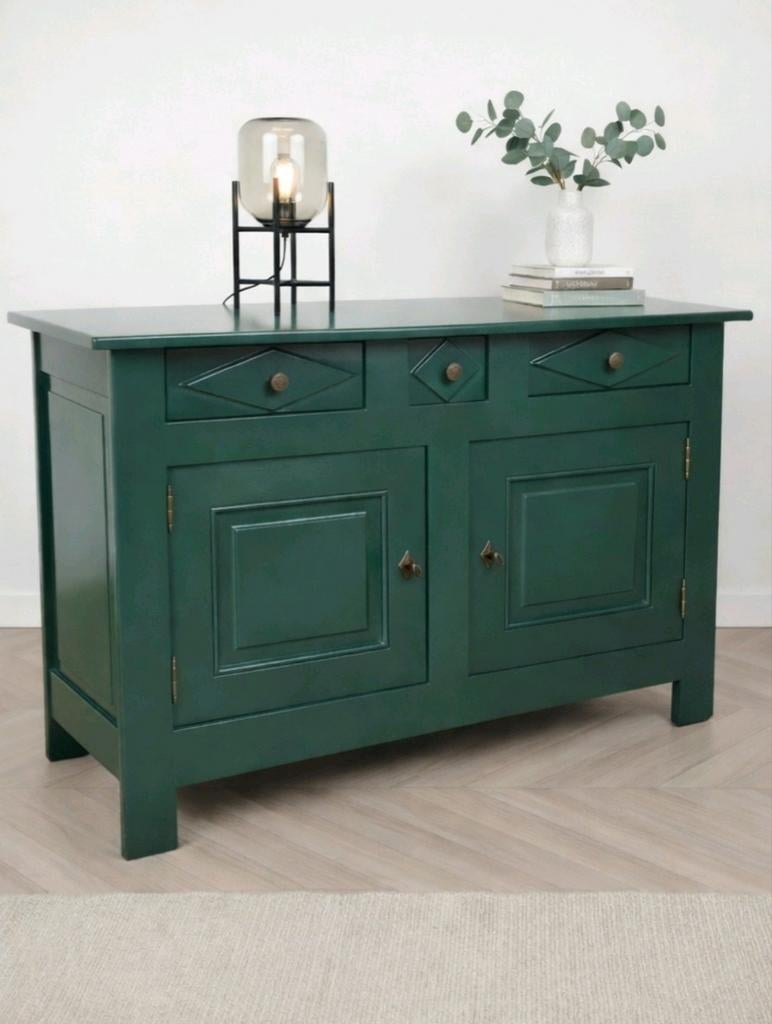 Design Dressoir - Deep Forest Green & koper - Massief Eiken, Ophalen, 100 tot 150 cm, Eikenhout, Zo goed als nieuw