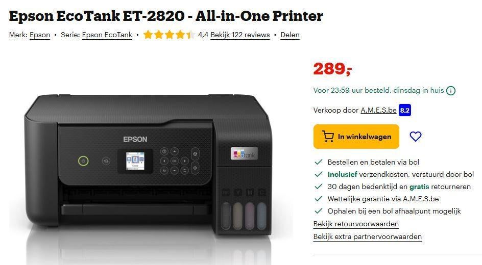 Epson EcoTank ET-2820 - All-in-One Printer, Computers en Software, Printers, Zo goed als nieuw, Printer, Scannen, Ophalen