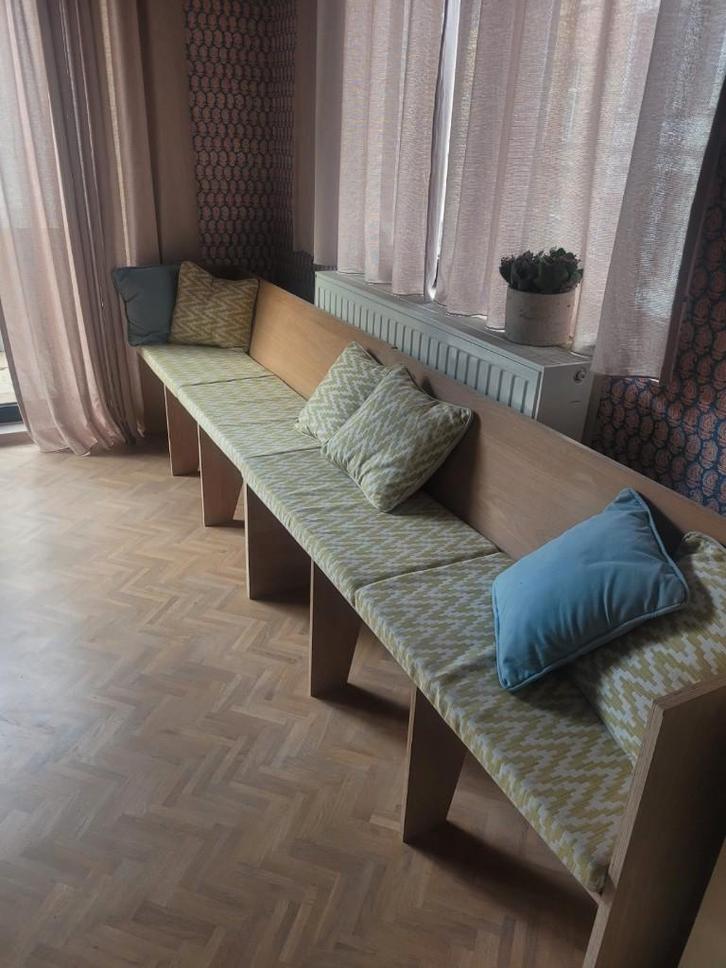 Eetkamerbank/muurbank, Huis en Inrichting, Stoelen, Gebruikt, Twee, Hout, Stof, Overige kleuren, Ophalen