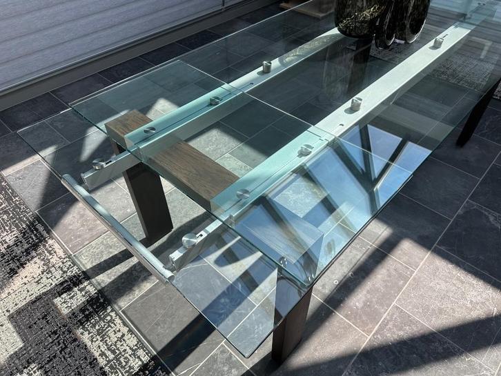 Glazen eettafel, Huis en Inrichting, Tafels | Eettafels, Zo goed als nieuw, 100 tot 150 cm, 200 cm of meer, Vijf personen of meer